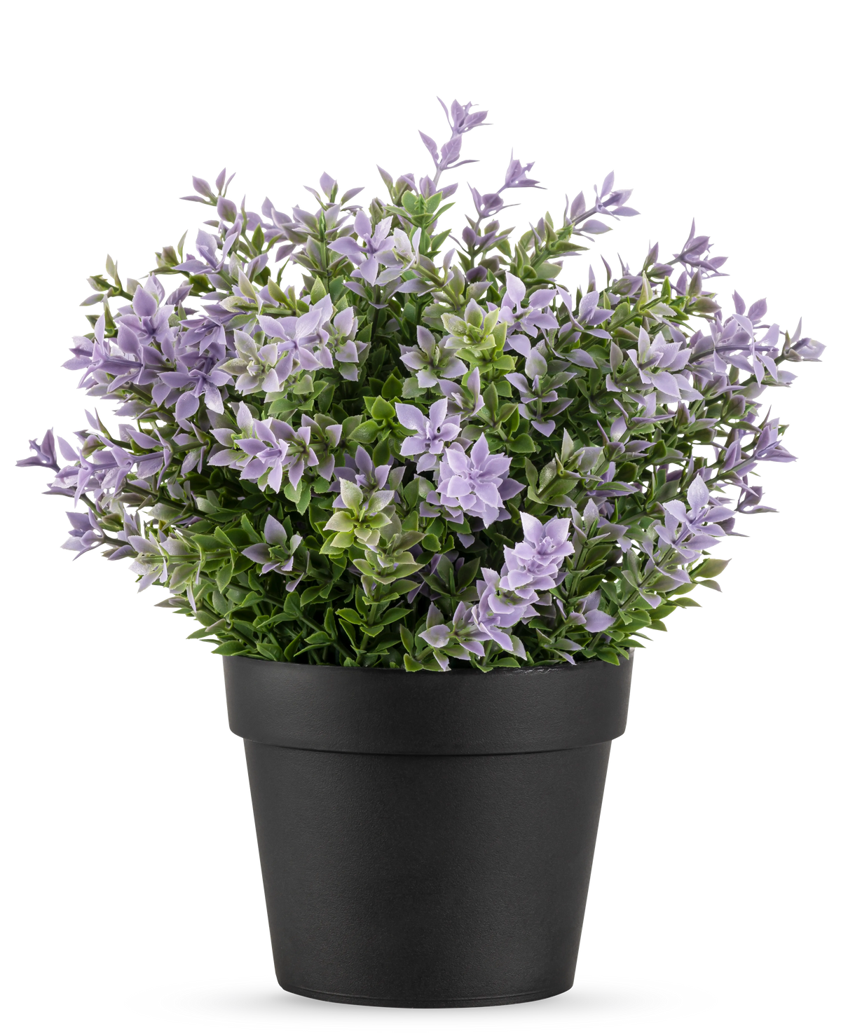 Kunstplanten Buxus lilla UV 22 cm har en sort urtepotte med en frodig kunstplante med små lyslilla blomster og grønne blade mod en almindelig hvid baggrund.