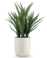 De Kunstplant Bostonvaren 82 cm heeft lange, smalle groene bladeren en wordt geleverd in een eenvoudige ronde witte pot, tegen een effen witte achtergrond.