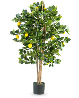 De Kunstplant Citroenboom 120 cm is een kunstmatige citroenboom in pot met meerdere slanke stammen, weelderige groene bladeren en felgele citroenen tegen een effen witte achtergrond.
