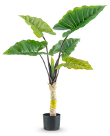 De Kunstplant Calocasia 120 cm heeft grote, brede groene bladeren en een dikke centrale stengel in een hoge pot, tegen een effen witte achtergrond.