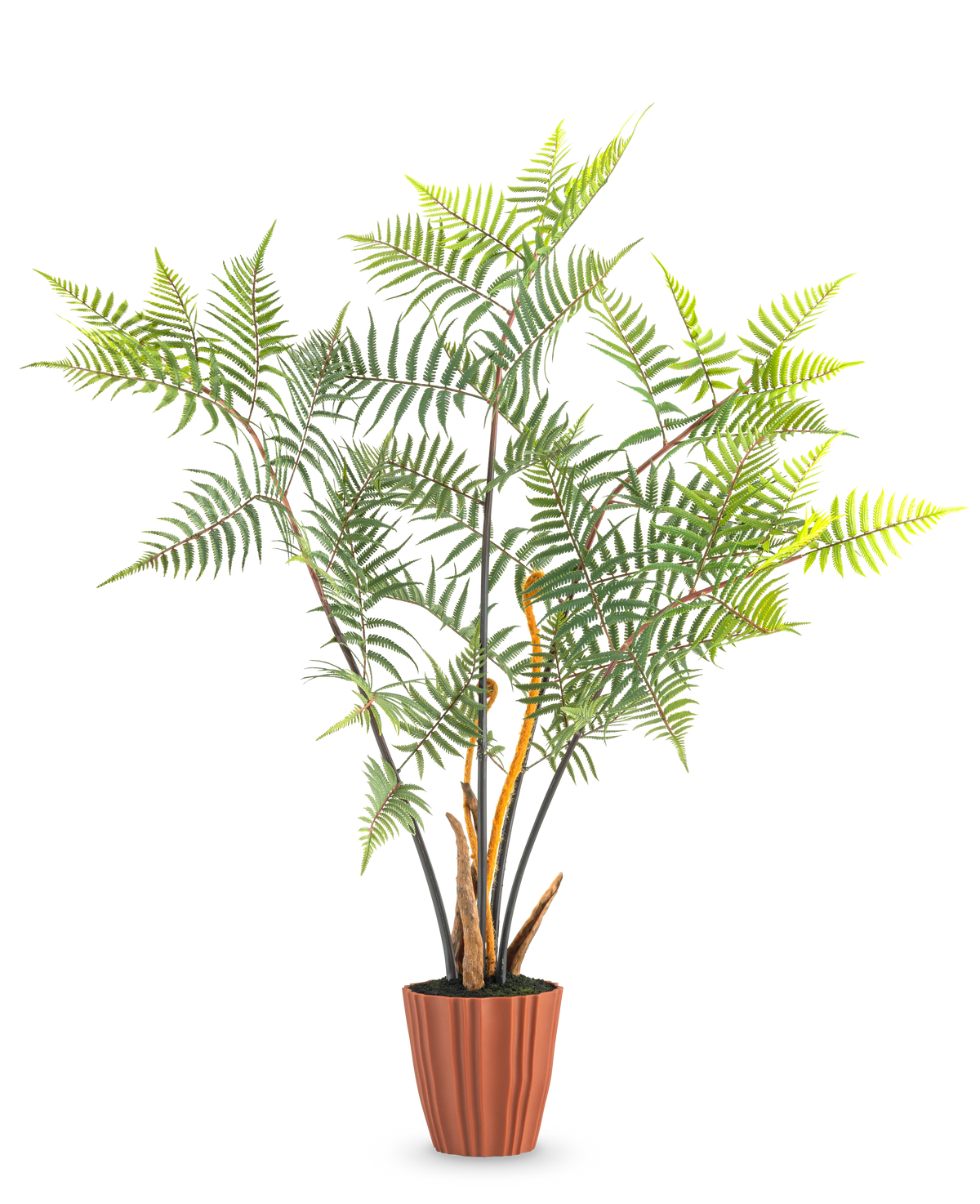 Artificial Fern Deluxe 117 cm er en høj kunstbregne med flere grønne blade og slanke stængler, som står i en brun ribbet potte mod en almindelig hvid baggrund.