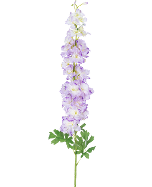 Den kunstige blomst Delphinium 105 cm lilla har en enkelt lang stilk af lyslilla kunstige blomster med grønne blade, afbildet mod en almindelig hvid baggrund.