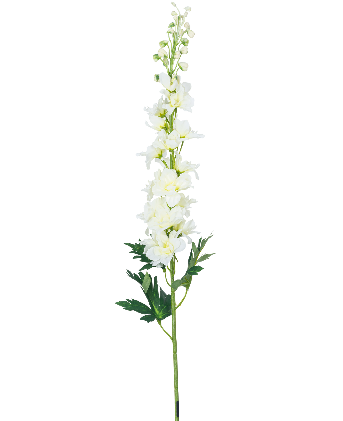 Den kunstige blomst Delphinium 79 cm hvid har en lang hvid delphinium stilk med flere blomster og grønne blade, isoleret på en hvid baggrund.