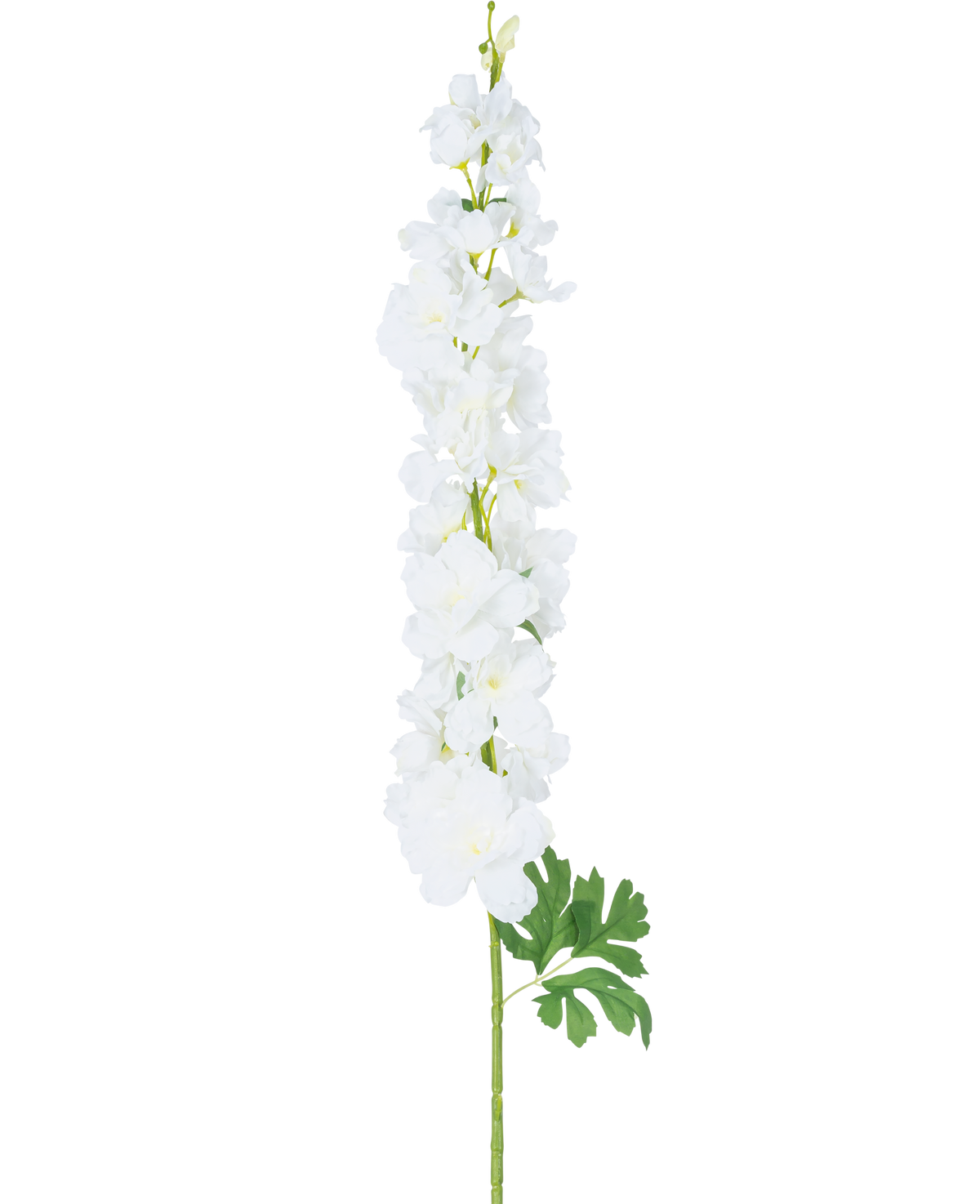 Kunstig blomst Delphinium 105 cm hvid: en enkelt lang stilk med flere hvide blomster og grønne blade, præsenteret mod en almindelig hvid baggrund.