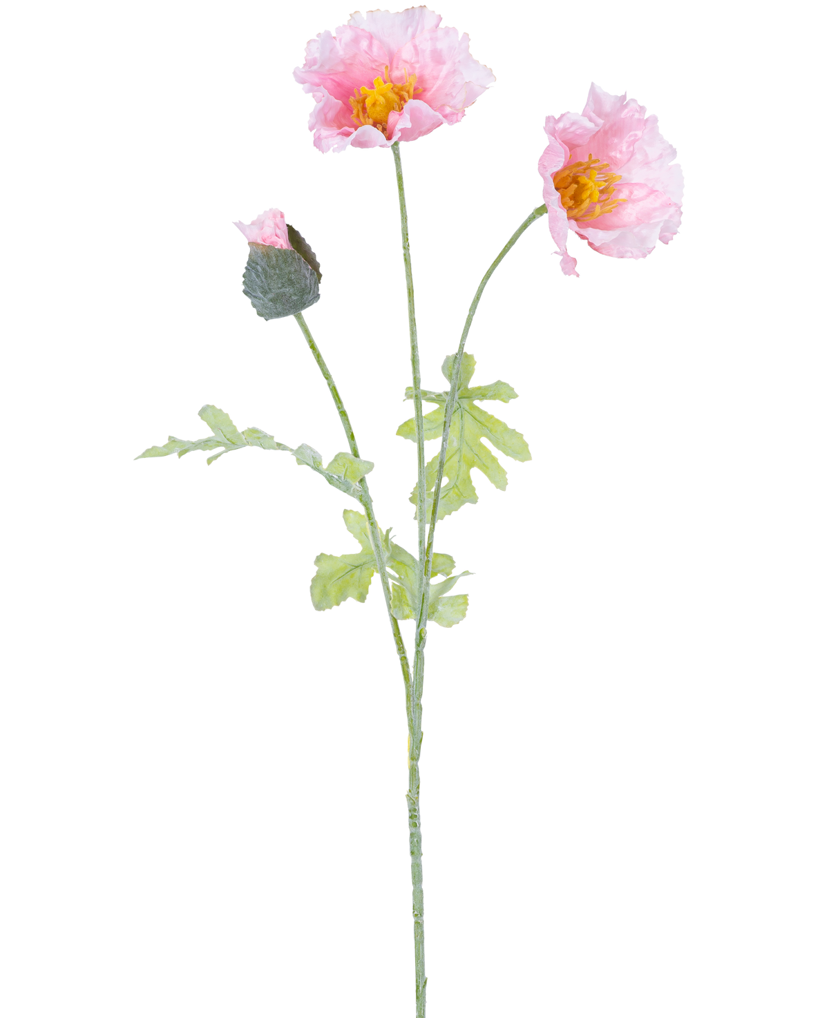 Artificial Flower Poppy 73 cm lys pink har en enkelt stilk med to åbne lys pink valmueblomster, en lukket knop, flæser i kronbladene, gule hjerter og grønne blade på hvid baggrund.