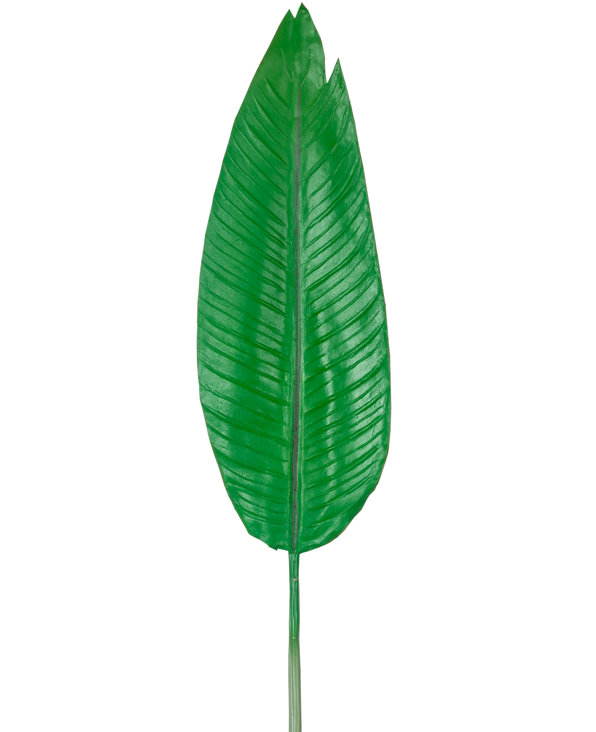 Artificial Leaf Strelitzia 110cm er ét stort, grønt kunstigt blad med en fremtrædende midterrib og synlige sideårer, afbildet mod en almindelig hvid baggrund.