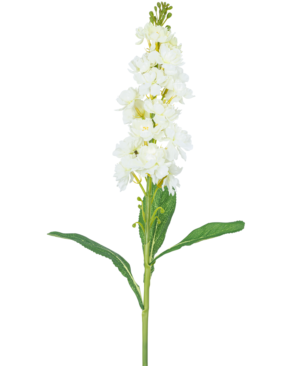 Artificial Flower Violier 78 cm hvid har en lang stilk med hvide blomster i bundter øverst og lange grønne blade, mod en almindelig hvid baggrund.