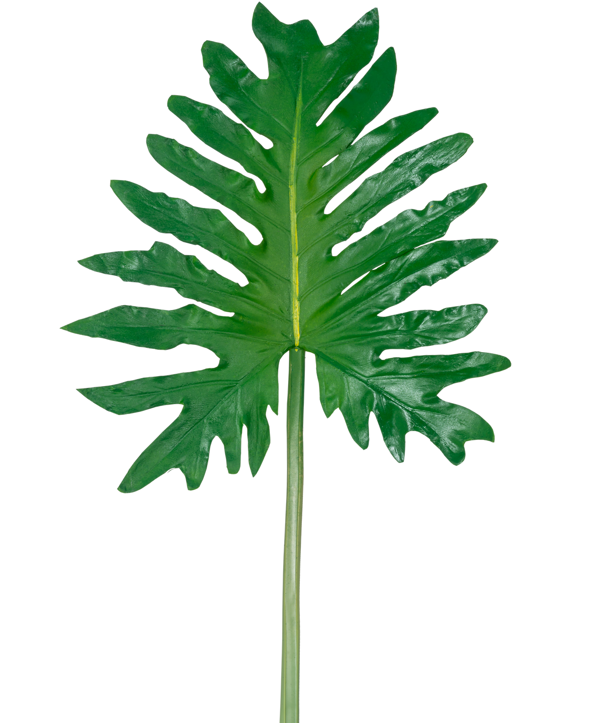 En kunstig bladfilodendron på 68 cm, med et stort grønt tropisk blad med dybe, uregelmæssige flige og en lang central stilk, er vist mod en almindelig hvid baggrund.