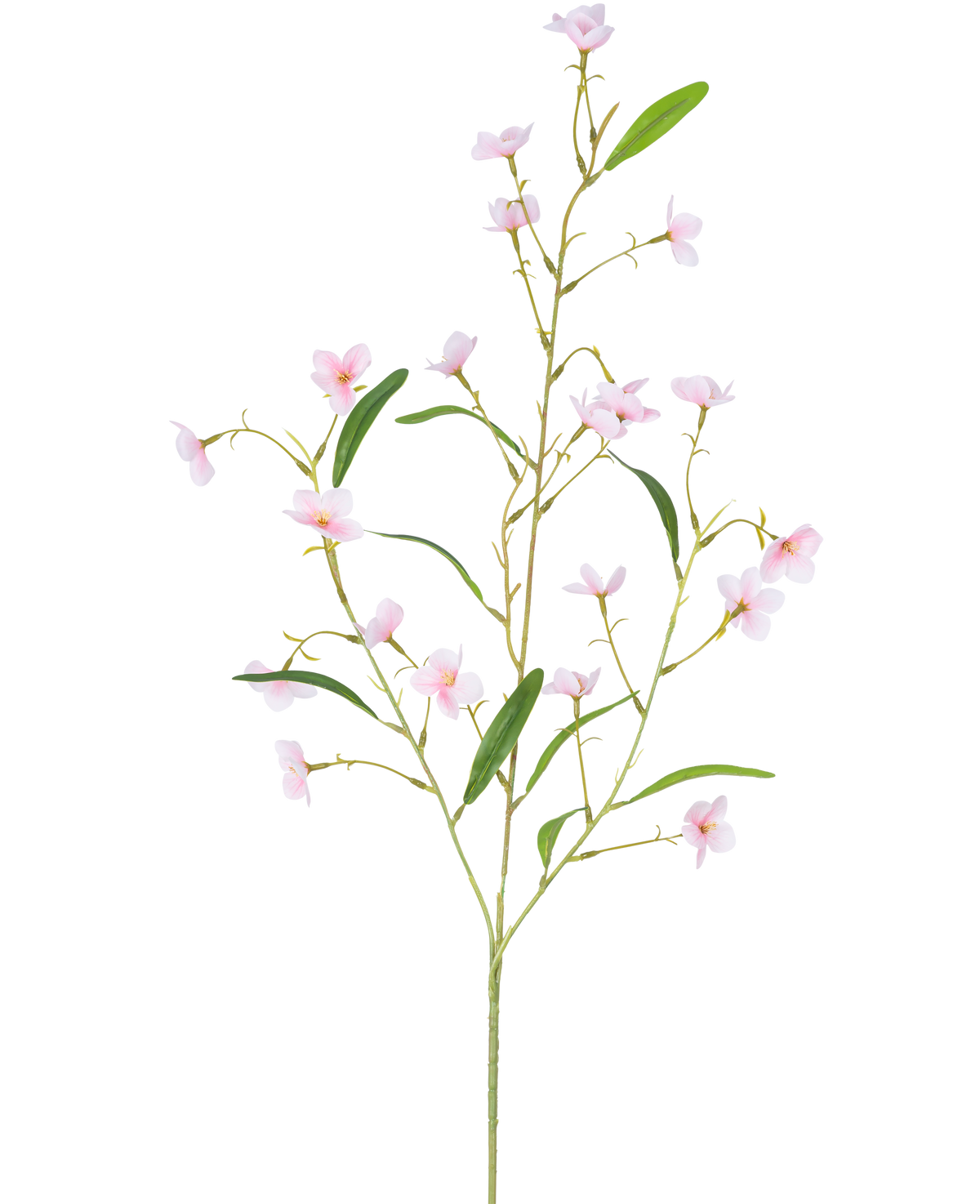 Den kunstige blomst Alstroemeria Real Touch Pink 100 cm har en enkelt stilk med flere slanke grene, grønne blade og små lyserøde fembladede blomster spredt langs stilken - alt sammen mod en hvid baggrund.