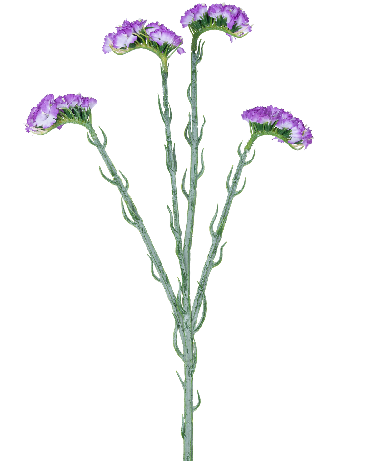 Artificial Branch Statice 64 cm lilla har en enkelt grøn stilk med fem grene, hver dækket med klaser af små, lilla blomster med flæser, mod en hvid baggrund.