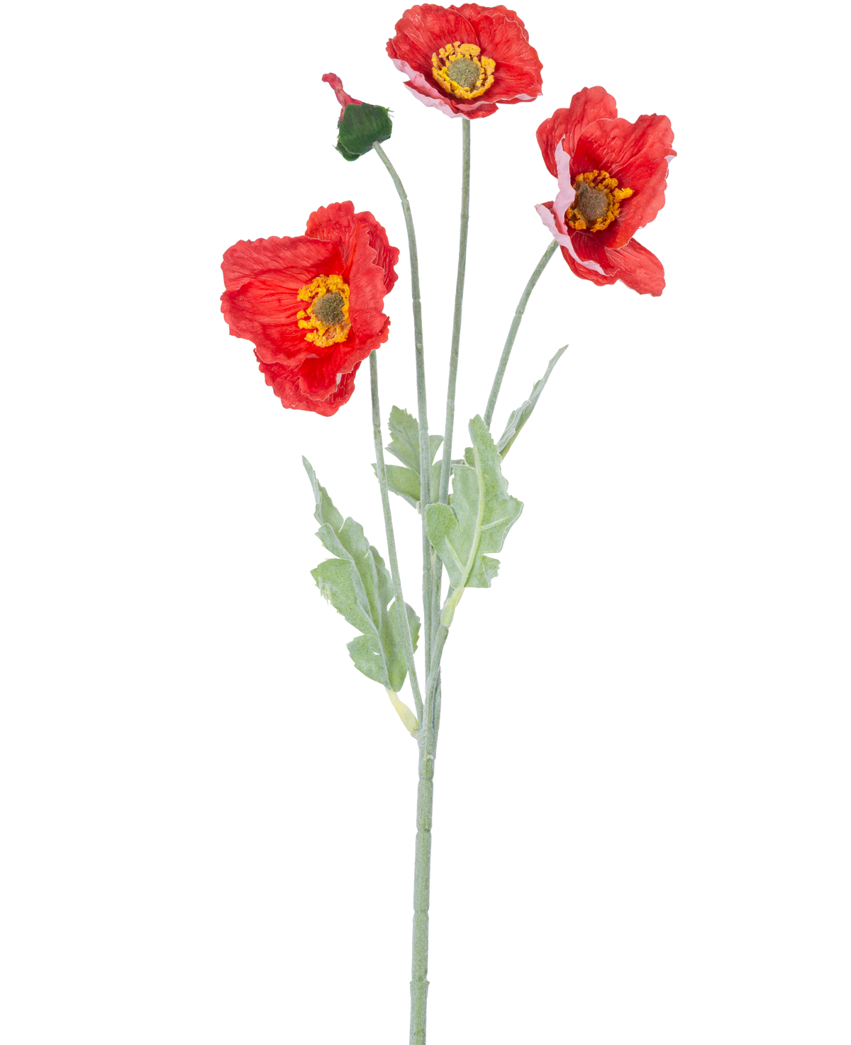 Artificial Flower Poppy Real Touch rød 60 cm har en enkelt stilk med tre levende røde valmueblomster, en lukket knop og grønne blade, mod en almindelig hvid baggrund.