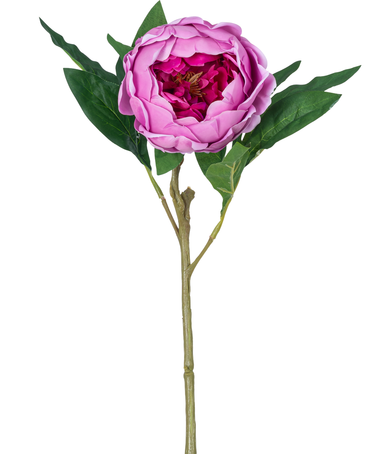 The Artificial Flower Lotus Peony Real Touch i lilla, 58 cm lang, har lagdelte kronblade, grønne blade og en lang stilk. Afbildet mod en almindelig hvid baggrund.