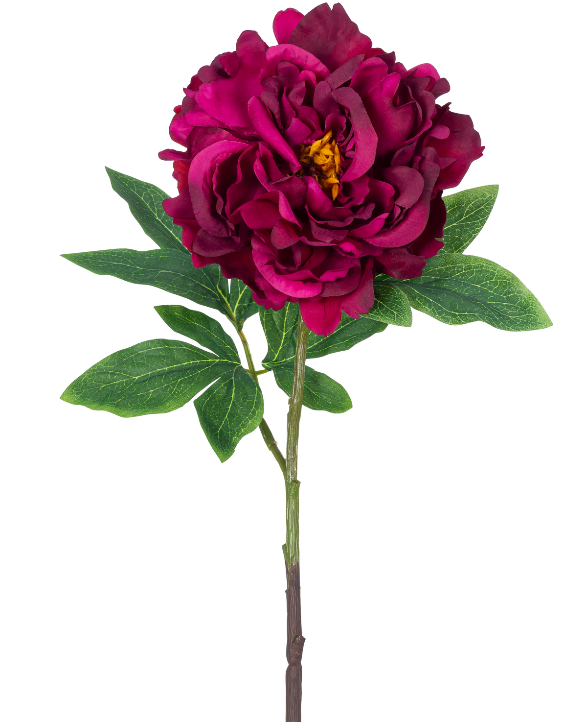 Artificial Flower Peony 61 cm lilla er en enkelt kunstig pæon med lagdelte mørkelilla kronblade, et gult hjerte, grønne blade og en lang stilk, afbildet mod en almindelig hvid baggrund.