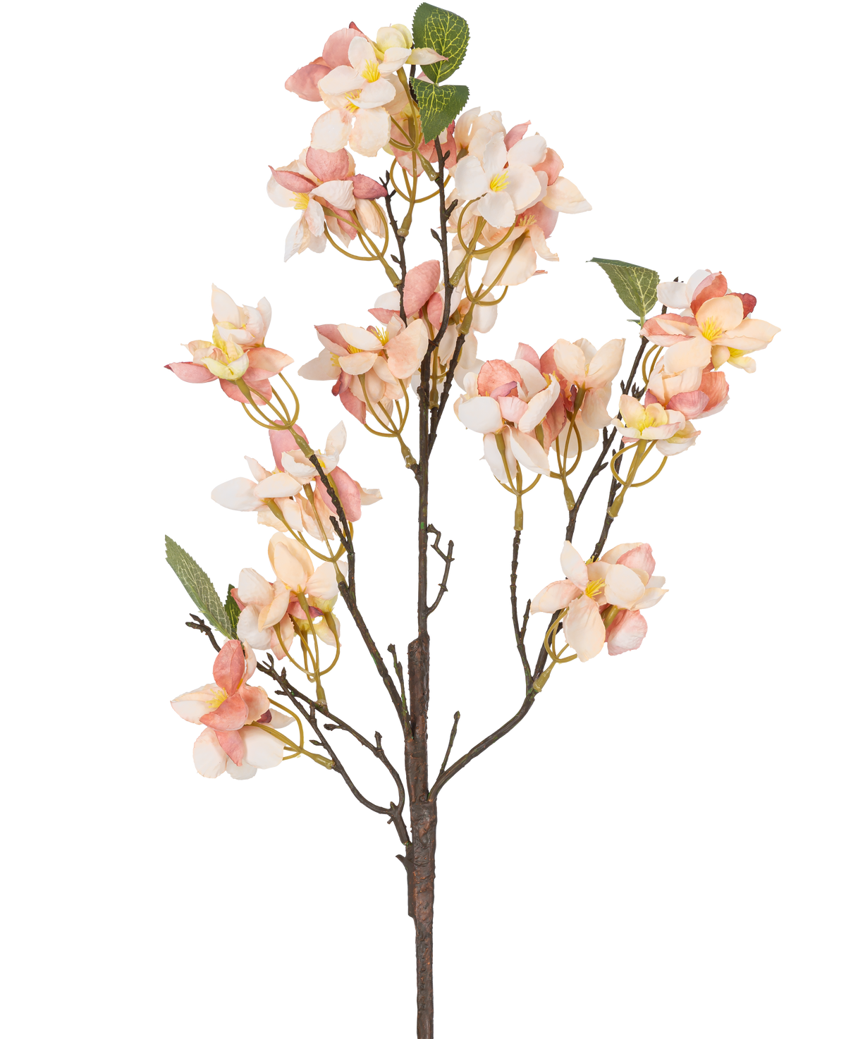 Artificial Flower Blossom 60 cm pink har en enkelt kunstig stilk med bundter af lyserøde og cremefarvede blomster, små gule hjerter og grønne blade mod en hvid baggrund.