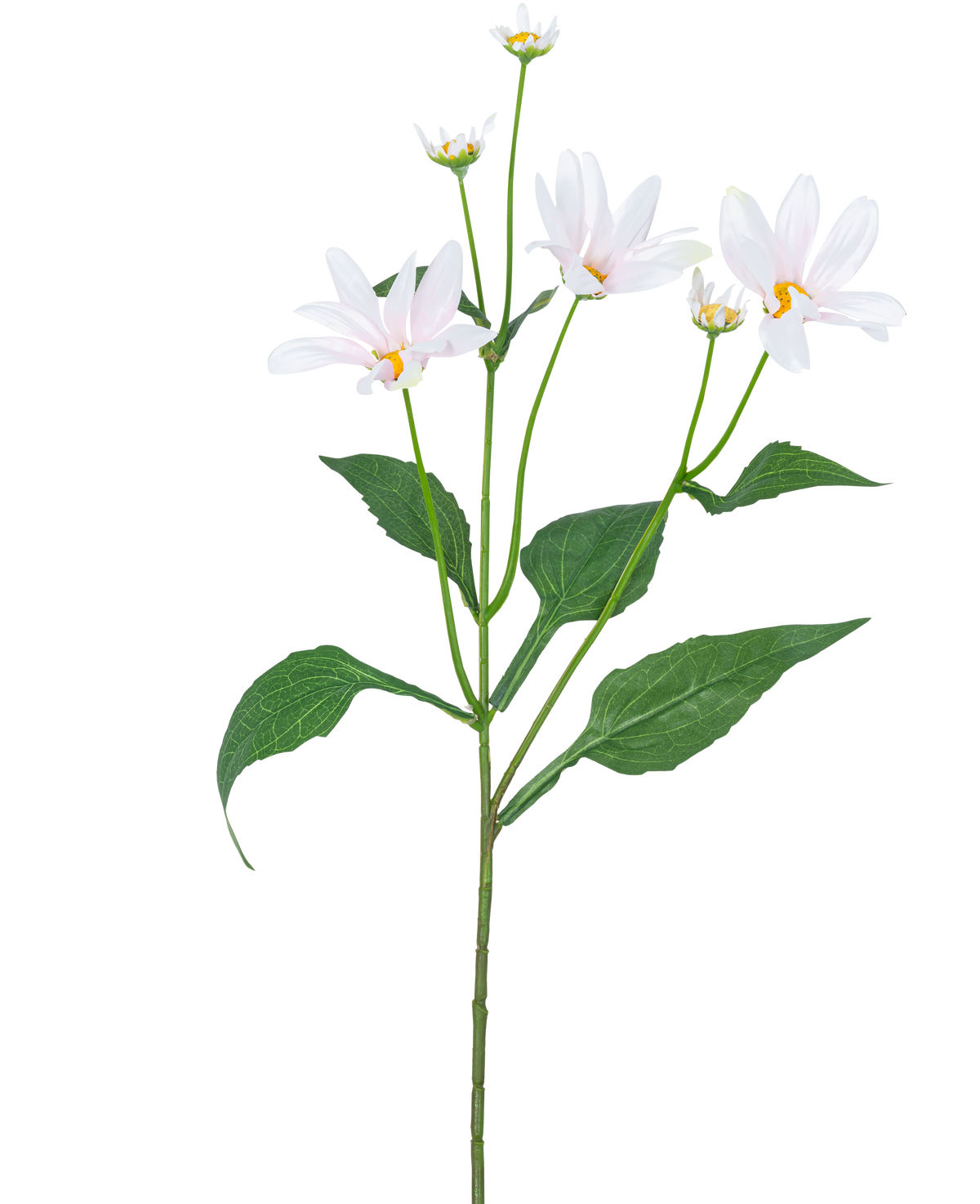 Artificial Flower Madelief 76 cm hvid har en enkelt grøn stilk med flere store blade og fem tusindfrydlignende hvide blomster med et gult hjerte, mod en almindelig hvid baggrund.