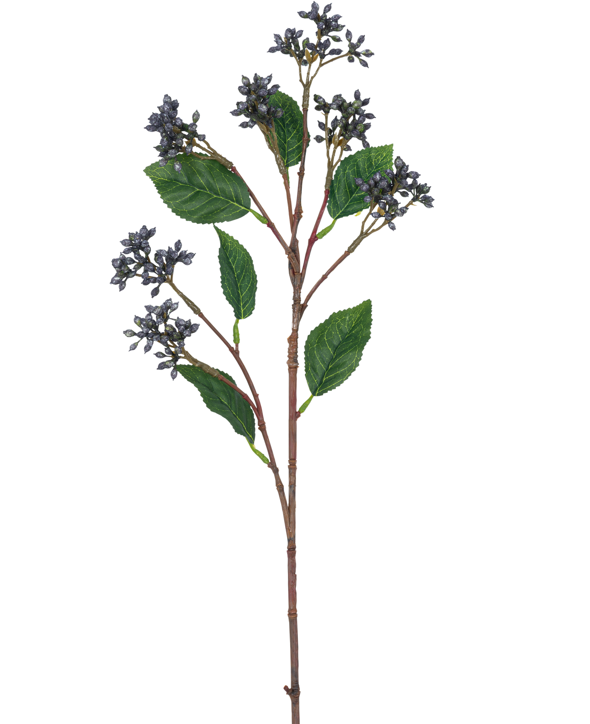Artificial Branch Berries 64 cm stålblå har en enkelt kunstig gren med klaser af små stålblå bær og flere grønne blade på rødbrune stængler, perfekt til dekoration.