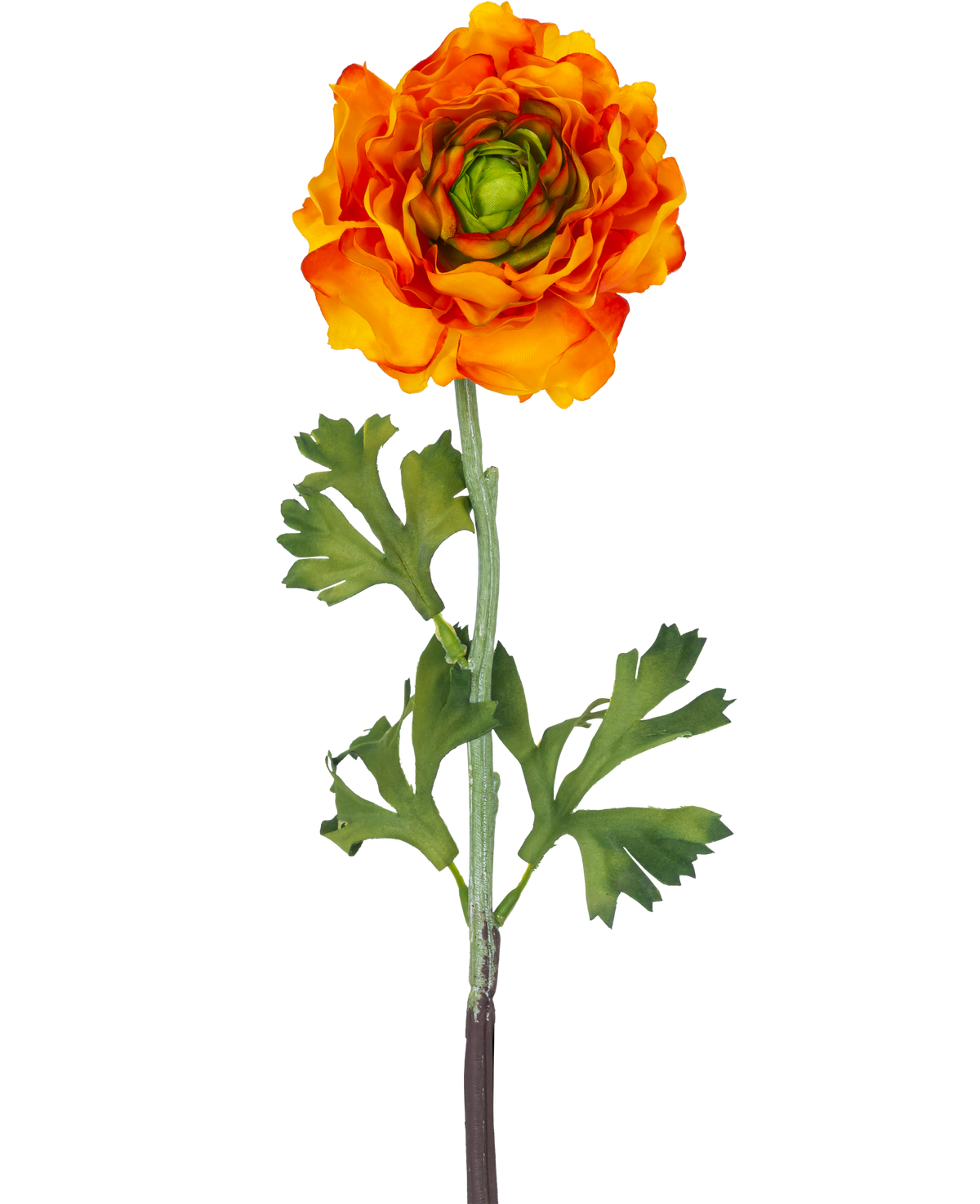 The Artificial Flower Ranunculus 51 cm orange er en kunstig orange ranunculus-blomst med lagdelte kronblade og grønne blade på en lang stilk, perfekt som en dekorativ accent.