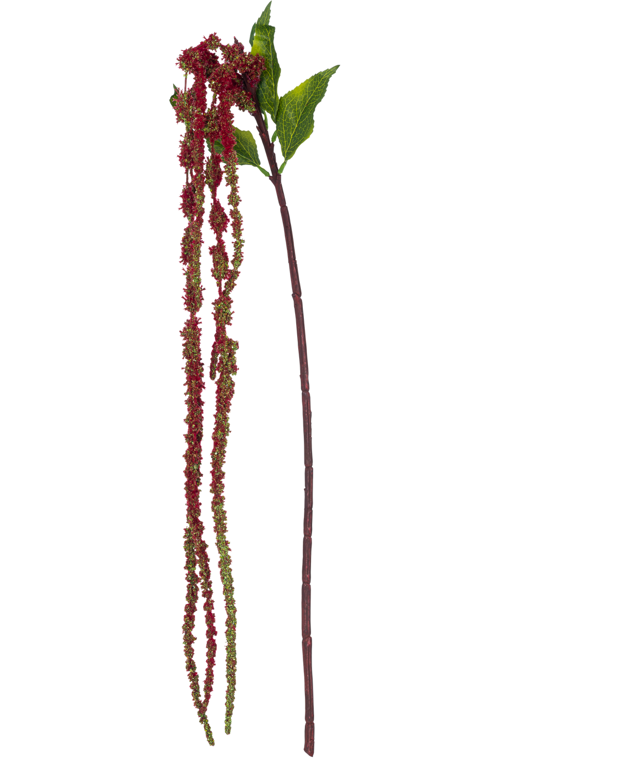 Den Kunstige Blomst Amaranthus 122 cm vinrød har en enkelt kunstig amarantstængel med grønne blade og lange klaser af små, vinrøde blomster mod en hvid baggrund.