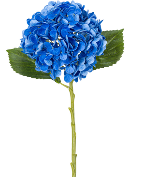 Den kunstige blomst Charlotte Hortensia Real Touch Blue 49 cm er en enkelt blå hortensia med grønne blade og en lang stilk, afbildet på en hvid baggrund.
