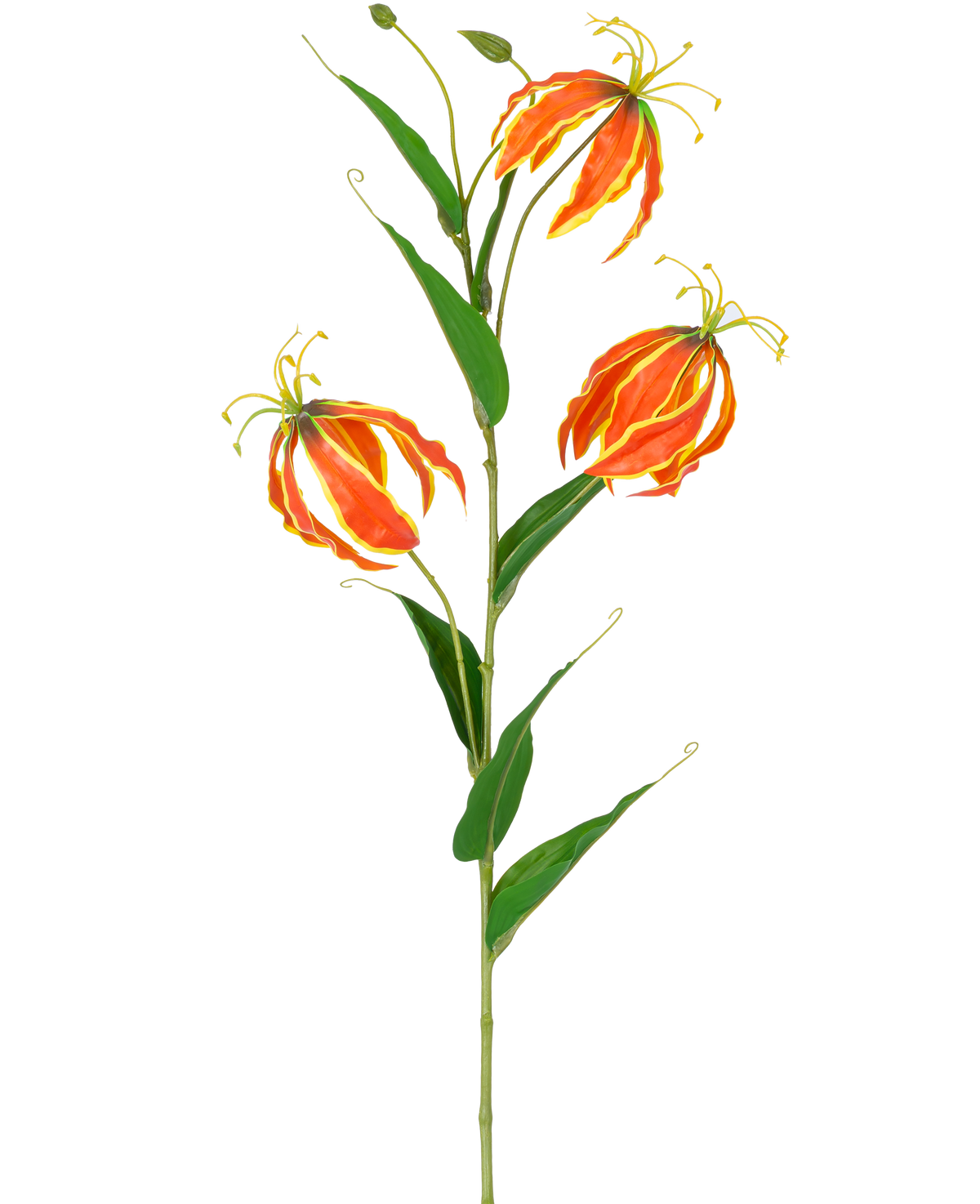 Den kunstige blomst Gloriosa Real Touch Orange 75 cm har en høj grøn stilk med tre store orange og gule liljer og lange, slanke grønne blade, smukt vist på en hvid baggrund.