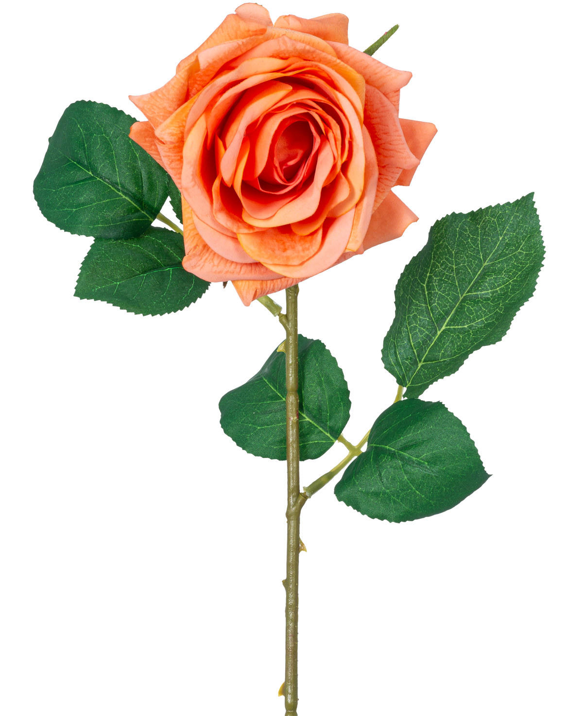 Artificial Flower Crystal Touch fugtgivende rose har en Real Touch orange blomst med grønne blade og en 43 cm lang stilk, mod en almindelig hvid baggrund.