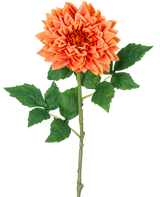 Een enkele Kunst Georgine Real Touch oranje 70cm steel heeft gelaagde oranje dahlia bloemblaadjes en groene bladeren, tegen een witte achtergrond.