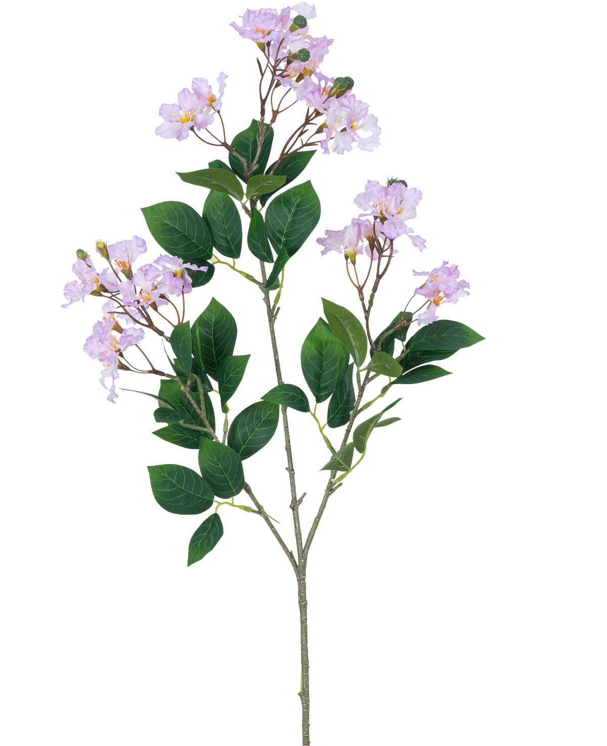 En enkelt kunstig blomst Lagerstroemia 92 cm lilla med bundter af lyse lilla blomster og flere grønne blade, mod en almindelig hvid baggrund.
