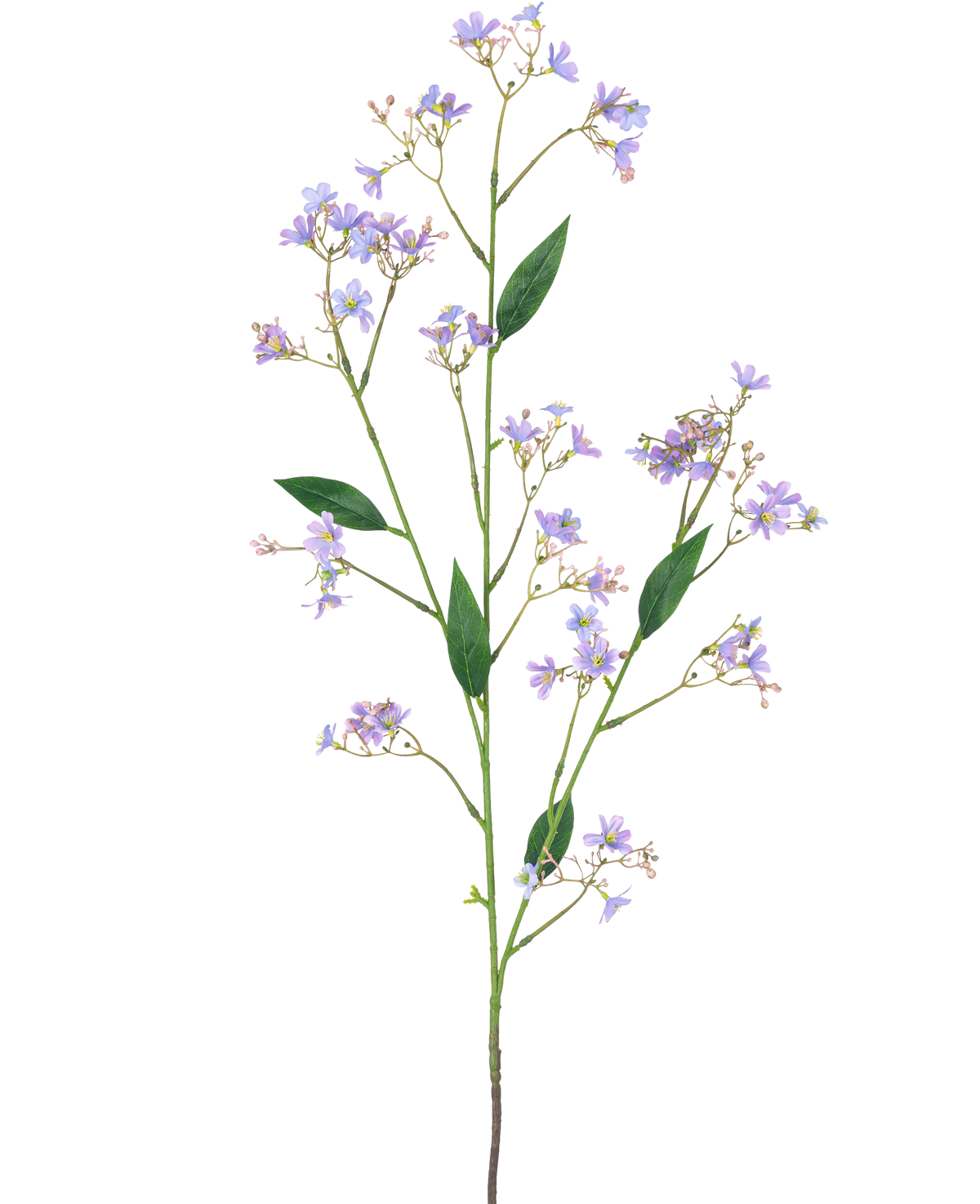 Artificial Branch Daphne Spray 108 cm lilla har en lang grøn stilk med flere grene, hver dekoreret med små lilla blomster og grønne blade, mod en almindelig hvid baggrund.