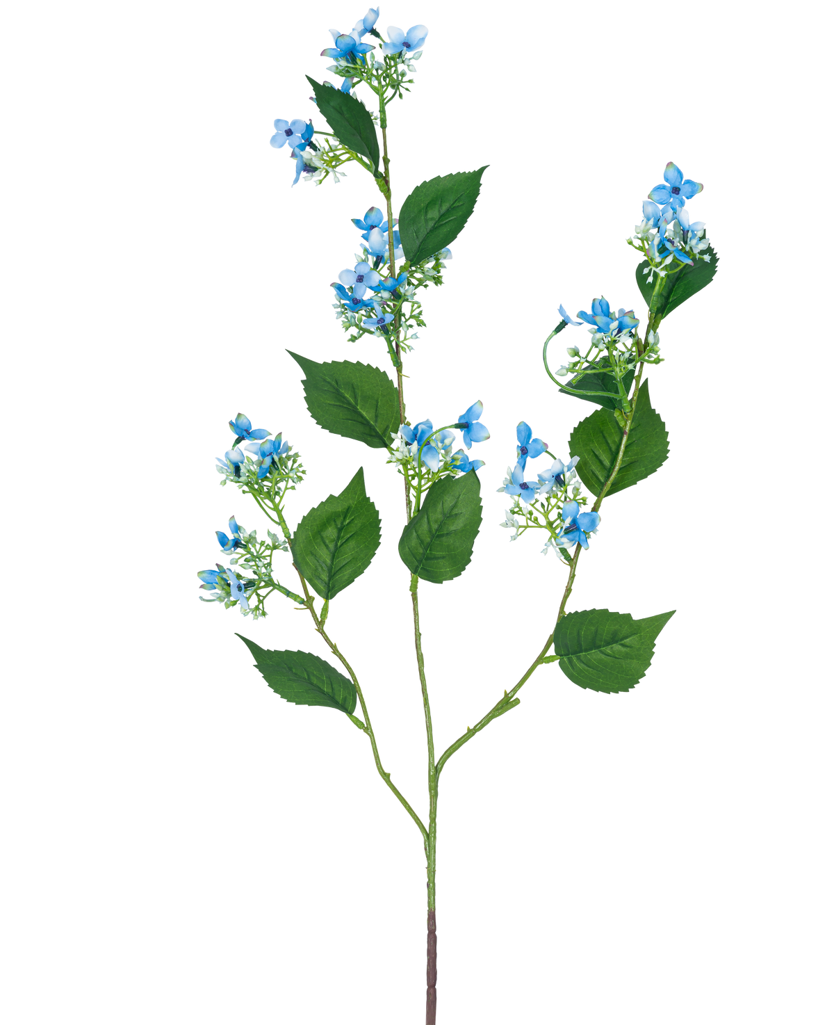 Artificial Flower Wild Hydrangea 93 cm blå har en enkelt kunstig stilk med flere grene, grønne blade og klaser af små, sarte lyseblå blomster.