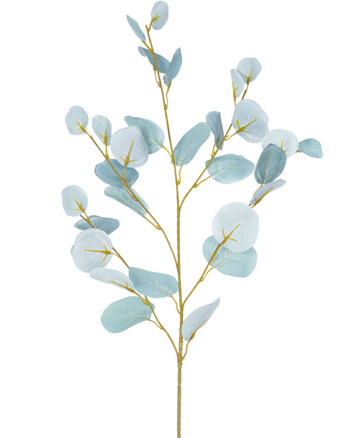 The Artificial Branch Eucalyptus 84 cm er en enkelt kunstig stilk med flere grene, med runde, lyseblå-grønne blade mod en almindelig hvid baggrund.