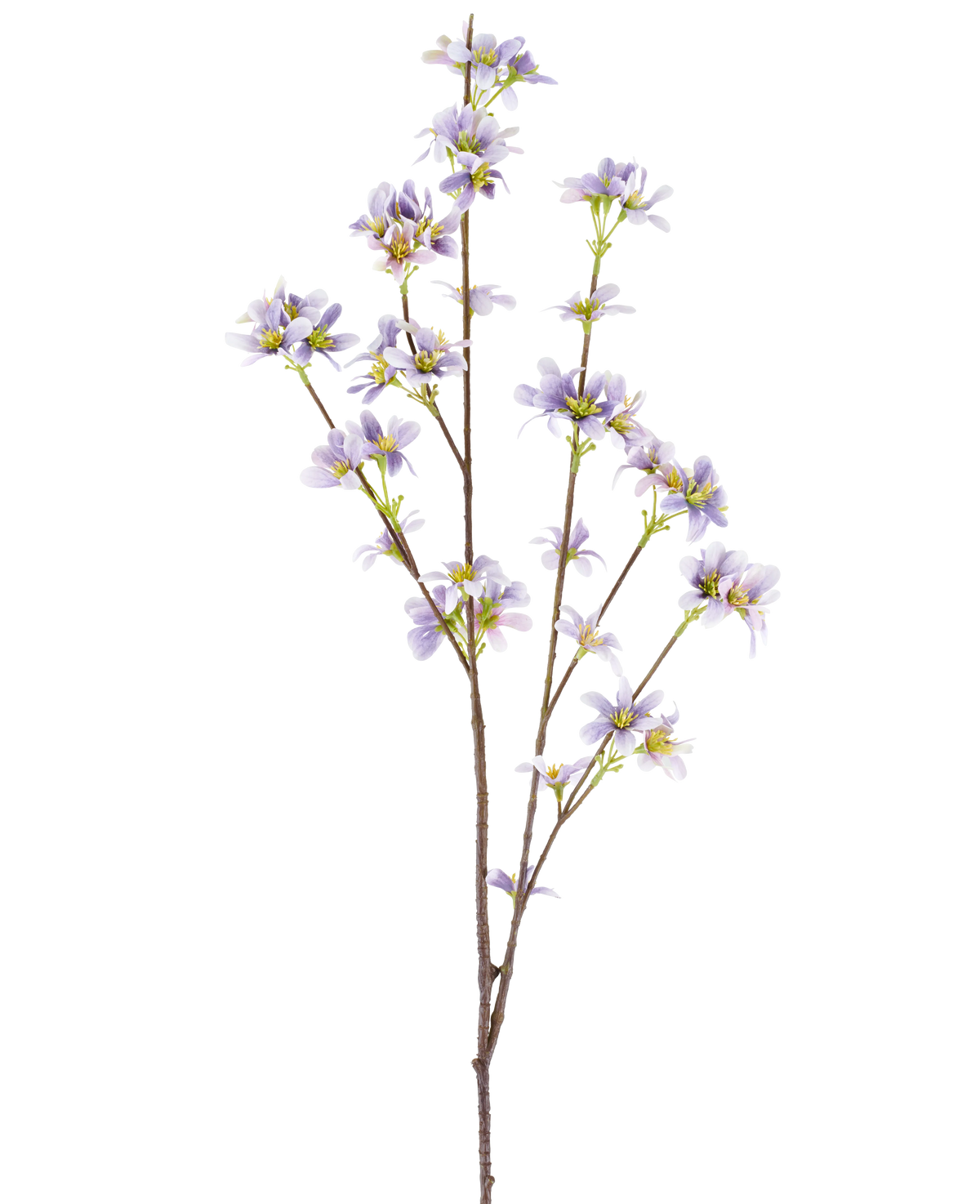 En "kunstig blomstergren 112 cm lilla" med en blomstrende gren med sarte lavendellilla blomster og gule centre på slanke brune stængler, afbildet på en hvid baggrund.