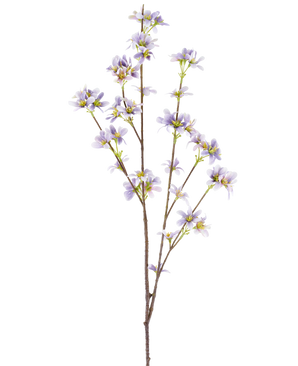 En "kunstig blomstergren 112 cm lilla" med en blomstrende gren med sarte lavendellilla blomster og gule centre på slanke brune stængler, afbildet på en hvid baggrund.