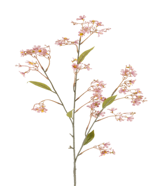 En enkelt stilk af den kunstige blomst Daphne på 108 cm i gammelrosa, med små bundter af bløde lyserøde blomster og nogle grønne blade mod en hvid baggrund.