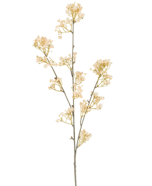 En enkelt stilk af kunstig blomstergips, 106 cm, creme/brun, med små, yndefulde cremefarvede og brune blomster, der forgrener sig, sat på en hvid baggrund.