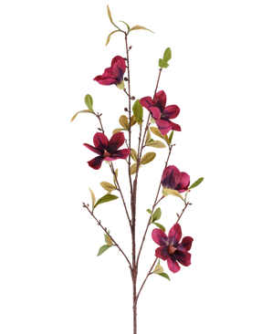 En enkelt kunstig blomst Magnolia 94 cm, bordeauxrød kunstig gren med fem dybrøde blomster og grønne blade, præsenteret mod en almindelig hvid baggrund.