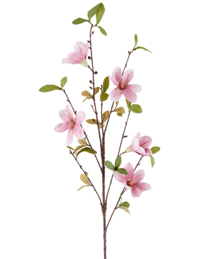 En slank Artificial Flower Magnolia gren på 94 cm i gammel pink, med flere pink magnolia blomster og grønne blade mod en hvid baggrund.