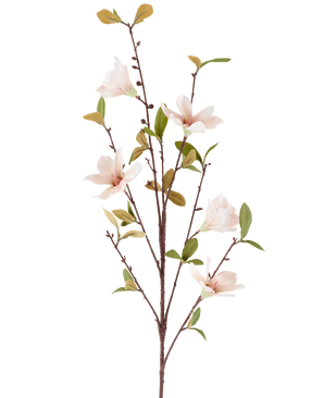 En kunstig blomst Magnolia på 94 cm, cremefarvet/brun, med flere lyserøde blomster og grønne blade på tynde brune stængler, afbildet mod en almindelig hvid baggrund.