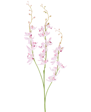To grønne stængler med forgrenede klaser af sarte, lyslilla cymbidium-orkidéblomster og små knopper på tynde, hvælvede kviste, afbilledet mod en almindelig hvid baggrund. Det afbildede produkt er den kunstige blomst Cymbidium 95 cm lilla.