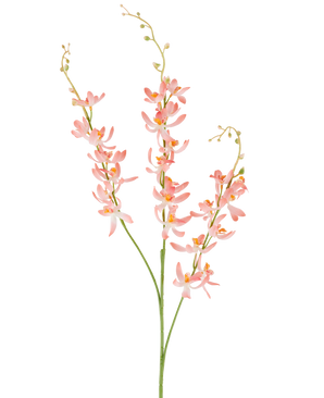 Tre lange grønne stængler af Artificial Flower Cymbidium 95 cm fersken, med bundter af sarte ferskenfarvede orkidéblomster og små gule knopper, mod en almindelig hvid baggrund.