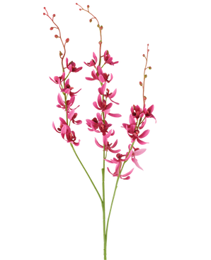 Tre stilke af den kunstige Cymbidium-blomst på 95 cm i bordeauxrød, med levende blomster og små knopper, vist mod en hvid baggrund.