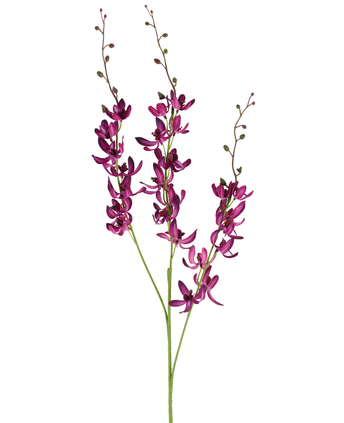 Tre lange stængler af Artificial Cymbidium-blomsten på 95 cm i levende lilla, med små grønne knopper, mod en almindelig hvid baggrund.