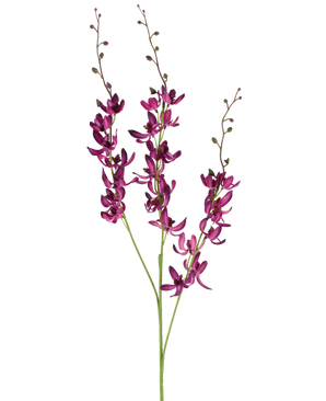 Tre lange stængler af Artificial Cymbidium-blomsten på 95 cm i levende lilla, med små grønne knopper, mod en almindelig hvid baggrund.