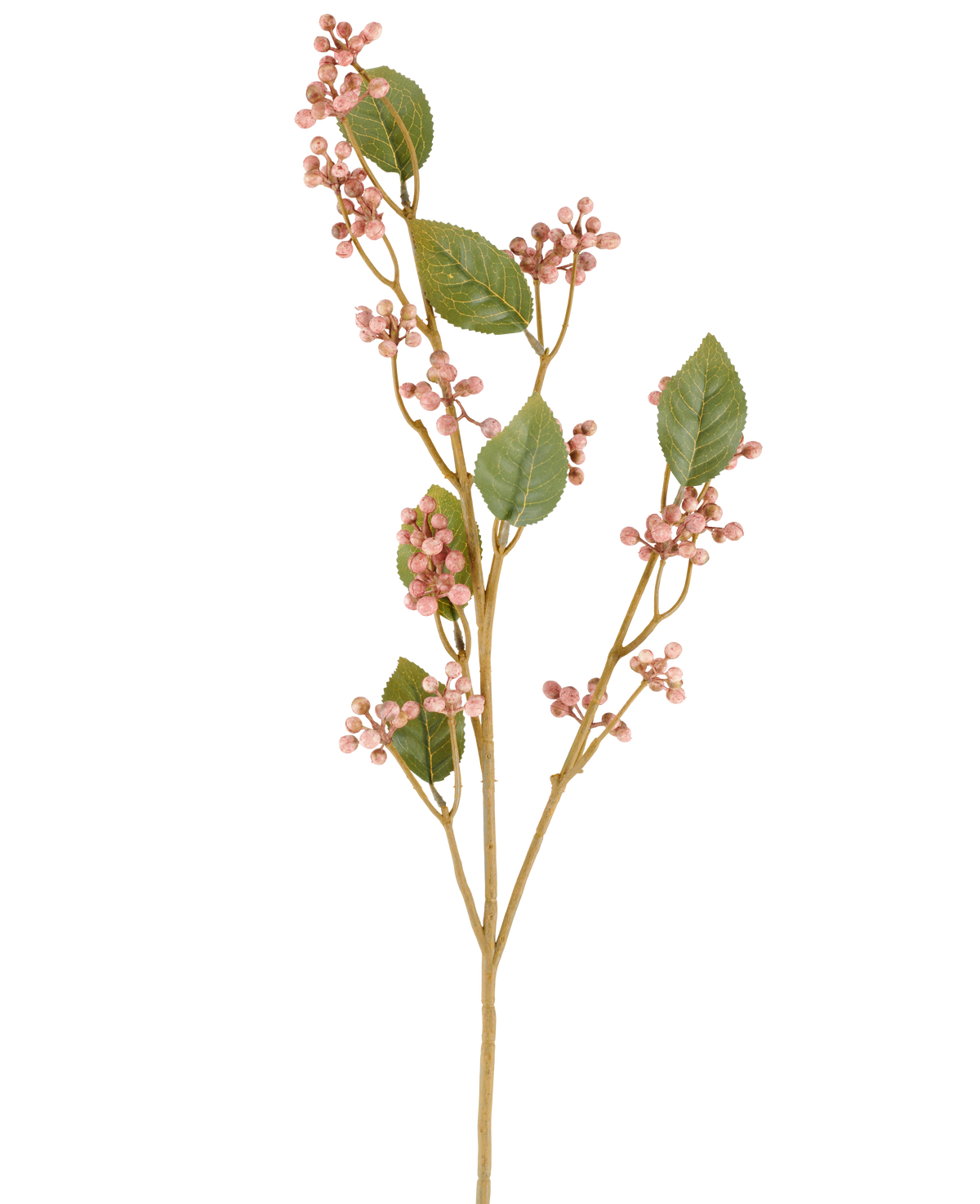 En enkelt stilk af den kunstige daggbærblomst, 78 cm høj i gammelrosa, med grønne blade og klaser af små, runde, lyserøde bær på slanke brune stængler, afbildet mod en almindelig hvid baggrund.