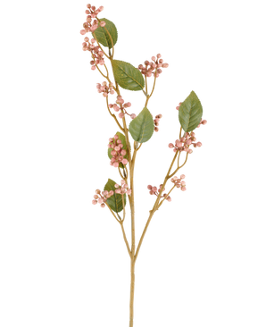 En enkelt stilk af den kunstige daggbærblomst, 78 cm høj i gammelrosa, med grønne blade og klaser af små, runde, lyserøde bær på slanke brune stængler, afbildet mod en almindelig hvid baggrund.