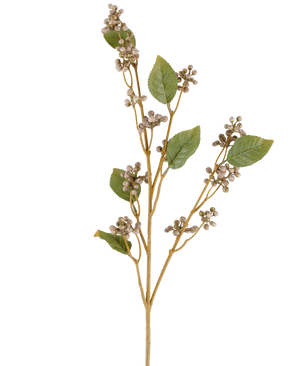 En enkelt stilk af kunstig blomsterdugbær, 78 cm høj, med flere grønne blade og klaser af små, runde beige bær på tynde brune stængler i grå og lilla toner, mod en hvid baggrund.