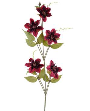 En enkelt kunstig blomst Clematis 78 cm bordeaux, en kunstig stilk, består af fem dybrøde bordeaux-farvede blomster med mørke centre, omgivet af grønne blade og krøllede ranker, mod en almindelig hvid baggrund.