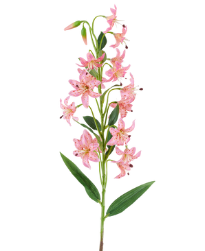 En enkelt stilk af den kunstige blomsterlilje 82 cm fuchsia, med livlige fuchsiafarvede liljeblomster med mørke pletter, grønne blade og knopper mod en hvid baggrund.