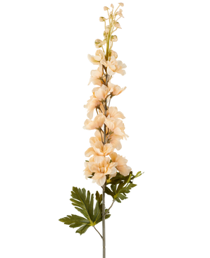 En enkelt stilk af Artificial Delphinium blomst 79 cm creme/brun, med flere cremefarvede og brune blomster og grønne blade, afbildet på en hvid baggrund.