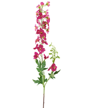 En enkelt stilk af den kunstige blomst Delphinium 79 cm mørk pink, med lyse lyserøde kunstige blomster, grønne blade og knopper, isoleret mod en hvid baggrund.