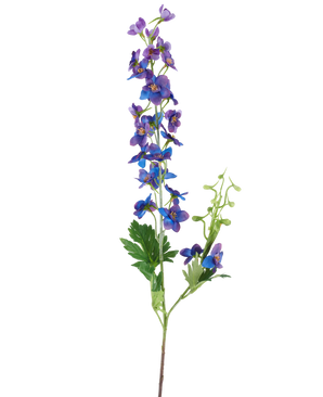 En enkelt høj kunstig blomst Delphinium, der måler 79 cm med en lilla stilk, med små, livlige lilla og blå blomster og grønne blade mod en almindelig hvid baggrund.